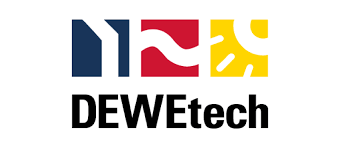 Das Logo von DEWEtech kombiniert geometrische Formen in Blau, Rot und Gelb, symbolisiert Innovation und Technologie.