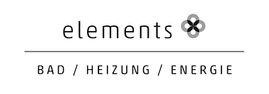 Das Logo zeigt den Schriftzug 'elements' mit einem stilisierten Symbol und den Worten 'BAD / HEIZUNG / ENERGIE' darunter.