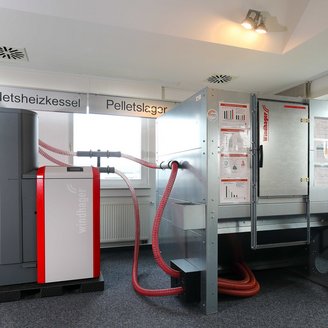 Der Heizkessel ist mit roten Schläuchen verbunden und zeigt eine technische Übersicht an der Wand neben ihm.