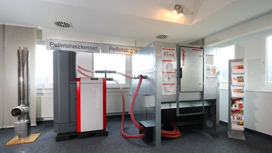 Der Heizkessel ist mit roten Schläuchen verbunden und zeigt eine technische Übersicht an der Wand neben ihm.