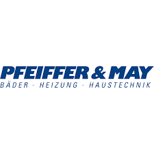 Das Logo von Pfeiffer & May zeigt den Firmennamen in blauer Schrift, umgeben von den Begriffen Bäder, Heizung und Haustechnik.
