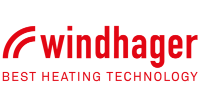Das Logo von Windhager in leuchtendem Rot, umgeben von einem modernen, minimalistischen Design, strahlt Innovation aus.