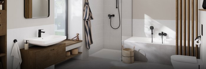 Ein modernes Badezimmer mit einer eleganten Badewanne, einer Dusche und einem stilvollen Waschbecken aus weißem Keramik.